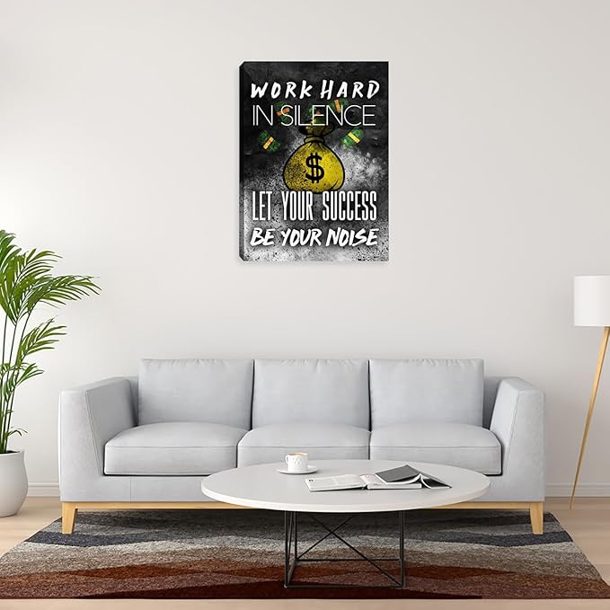 Motivational Success Wall Art Inspirational Work Hard Picture Poster Prints Art Painting Black and White Positive Office Wall Decor Wall Decorations for Home Living Room Bedroom Framed 12"x16"