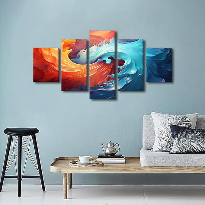 Modern Canvas Wall Art 5 Panel Water and Fire Poster Prints Native Americans Canvas Art Decor for Living Room Bedroom Office Home Wall Decoration Stretched and Framed Ready to Hang 60x32 in