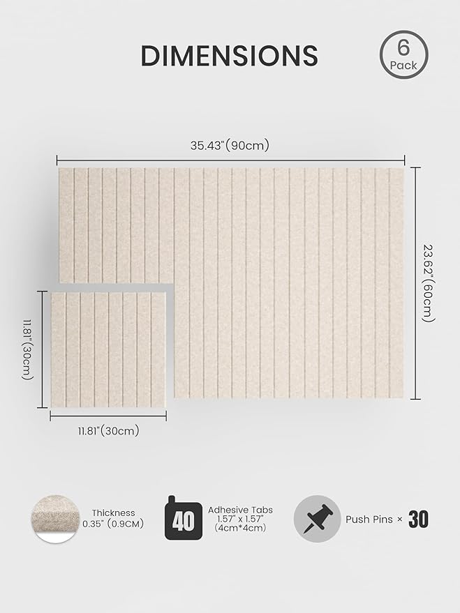 Bumusty Large Cork Board Alternative-36 x 24" Felt Bulletin Board Tiles, with 30 Pushpins, 40 Adhesive Tabs, 6-Pack Slat Wall Paneling, Cork Boards for Office Push Pin Board Felt Board-Oatmeal