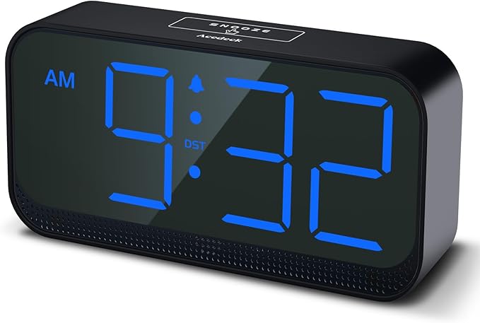 Battery Operated Digital Clock: Cordless Small Alarm Clock for Bedroom Travel - Large Numbers 4 Dimmers for All Ages Blue Digits