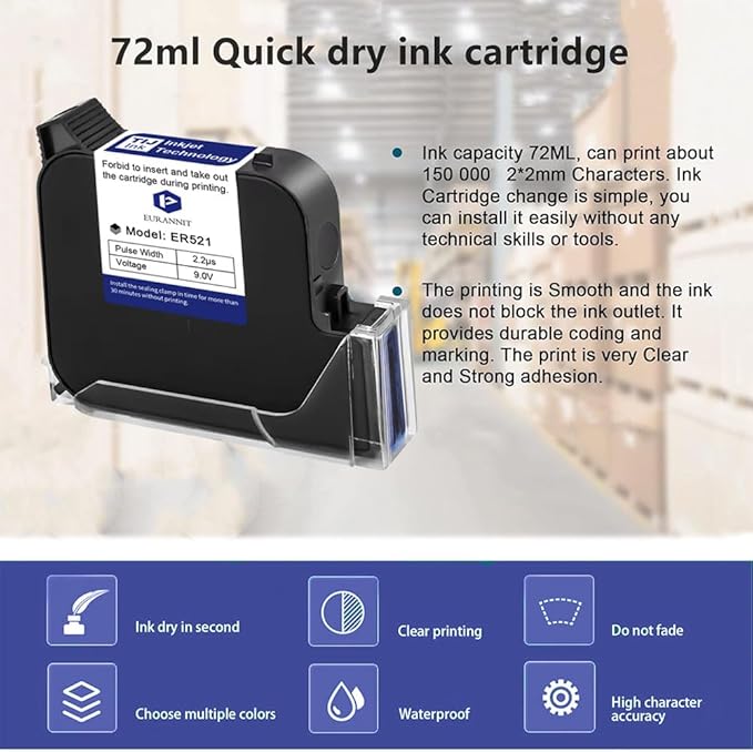 Original Black Ink Cartridge 1inch, 72ml Quick Dry Solvent Ink Replacement for 260E Automatic Inkjet Coding Machine