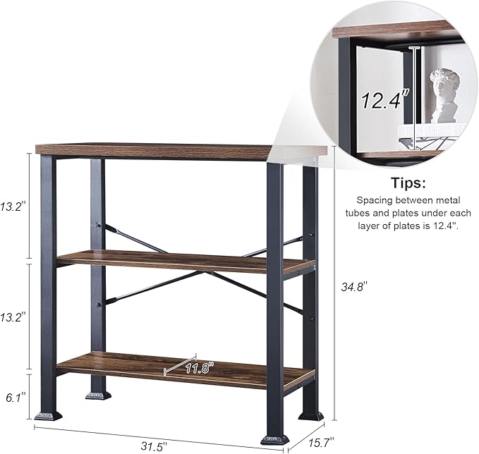 HOMBAZAAR 3 Tier Bookshelf,Rustic Brown Industrial Book Shelf,Engineered Wood and Metal Small Bookcases,Low Shelf Bookcase for Living Room,Office,Bedroom and Kitchen