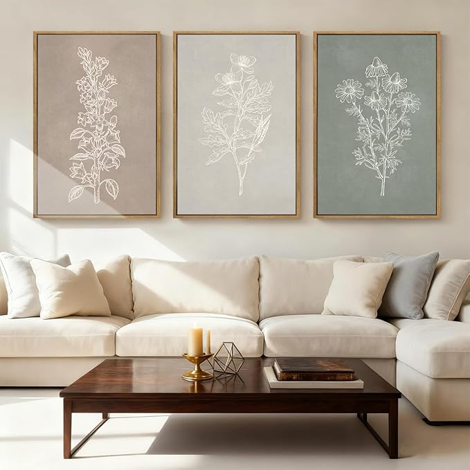 ANHUIB Neutral Botanical Wall Art, Rustic Farmhouse Floral Paintings,Vintage Minimalist Boho Flower Wall Decor 16x24 Inch Plants Set of 3 for Living Room Bedroom