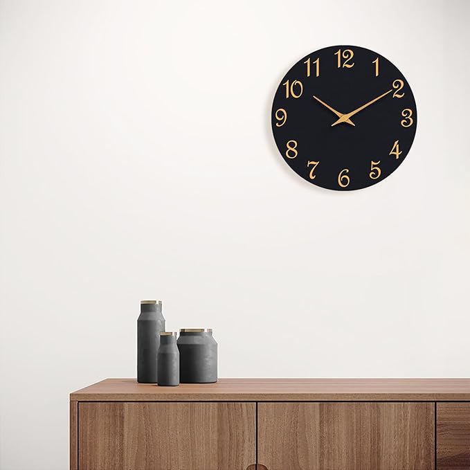 Wall Clock 12 Inch, Modern Wall Clocks Battery Operated, Silent Non Ticking Clock Decorative for Living Room, Office, Bedroom, Home, School (Black Gold)