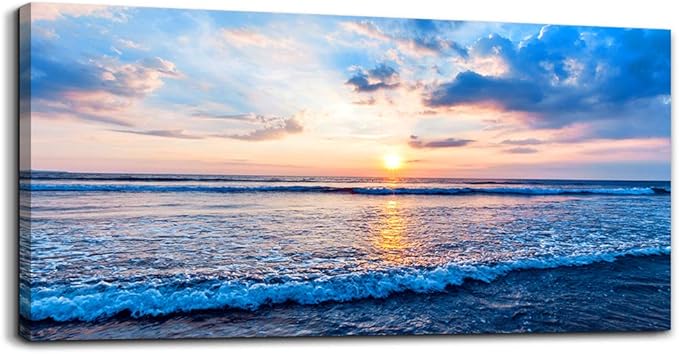 hyidecorart Ocean Wall Art for Living Room, Blue Wave and Large Coastal Beach Canvas Wall-Decor for Bedroom,Large Blue Artwork for Walls Gold Sun Scenery Pictures for Hallway Office Kitchen 30" x 60"