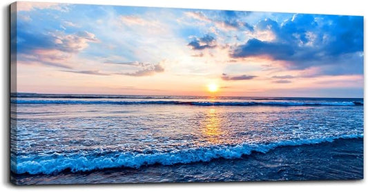 hyidecorart Ocean Wall Art for Living Room, Blue Wave and Large Coastal Beach Canvas Wall-Decor for Bedroom,Large Blue Artwork for Walls Gold Sun Scenery Pictures for Hallway Office Kitchen 30" x 60"