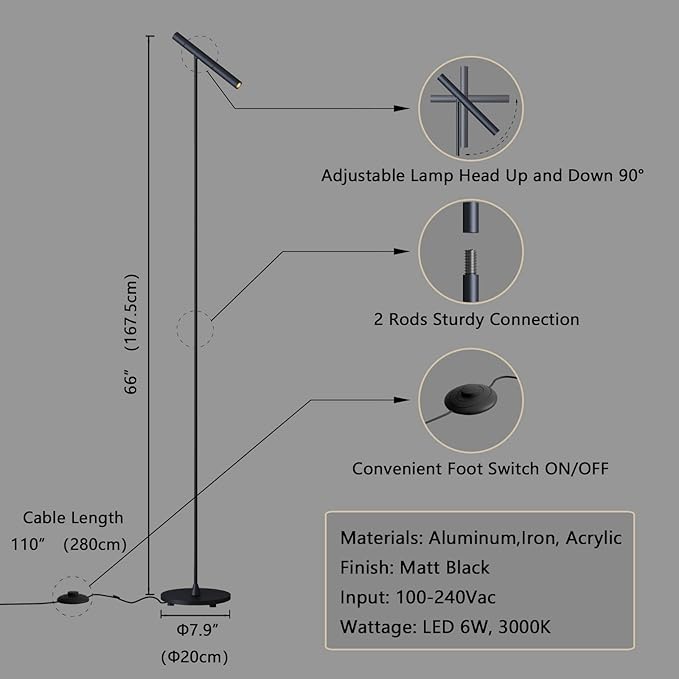 Floor Lamps for Living Room, 66" Modern Floor Lamp LED Standing lamp with Foot Switch 6W Warm Light Tall Lamp for Bedroom, Office, Study Room, Home, Lamp Head Adjustable