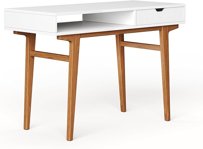 White Computer Desk with Drawers - 45 inch Minimalist Small Solid Wood Mid-Century Modern Office Desk for Home - Boho Style Writing Table with Open Storage,Light Wooden Desk Workspace