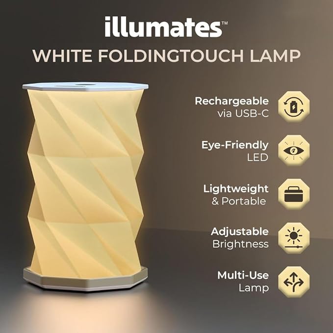 Origami Expanding Foldable LED Desk Lamp – USB Rechargeable & Portable - Dimmable Touch Control Light with Adjustable Height up to 8.25 for Office, Travel, Bedside - Sleek & Modern Design (White)