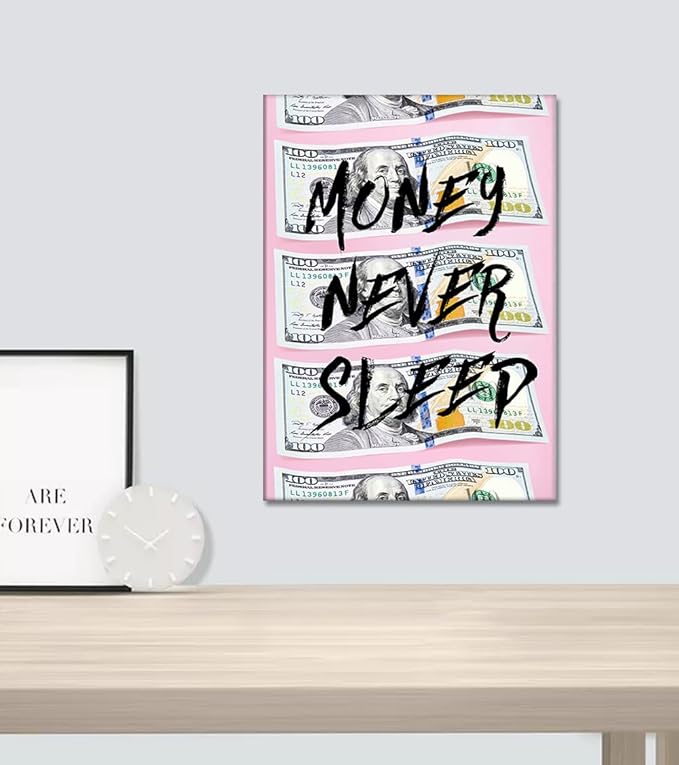 Yatsen Bridge Motivational Wall Art - Money Never Sleeps Canvas Prints Pink Money Wall Dollar Decor 100 Bill Poster Modern Office Home & Trendy Living Room Decoration, Framed Ready to Hang (12x16 in)