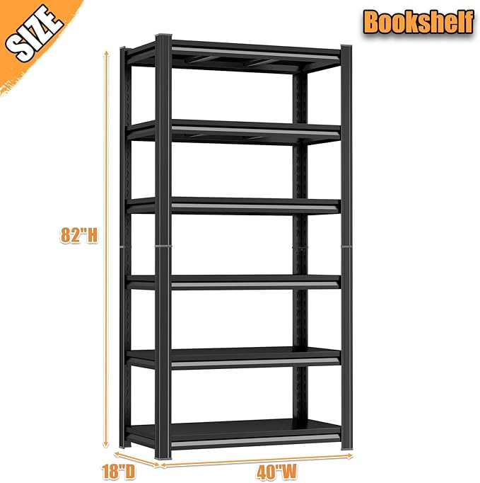 Industrial 6-Tier Bookshelf with Storage - Tall Open Shelf Bookcase for Home Office, Living Room & Bedroom, Sturdy Metal Display Shelves, Black, 1800LBS Ideal for Multifunctional Storage Rack, 82"H