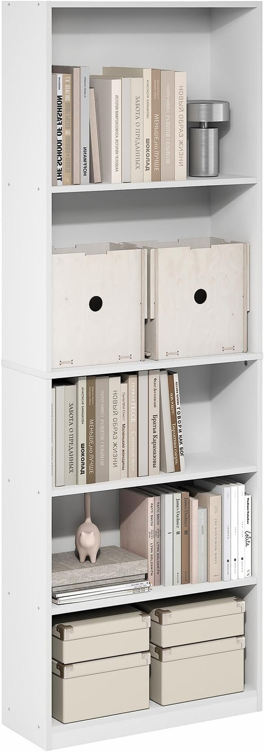 Furinno Jaya Book Shelf, 5-Tier Tall Book Shelf, Bookcase with Open Shelving, Standing Bookshelf, 9.5 x 24.6 x 71.1, for Organization and Storage, for Home Office, Living Room, White