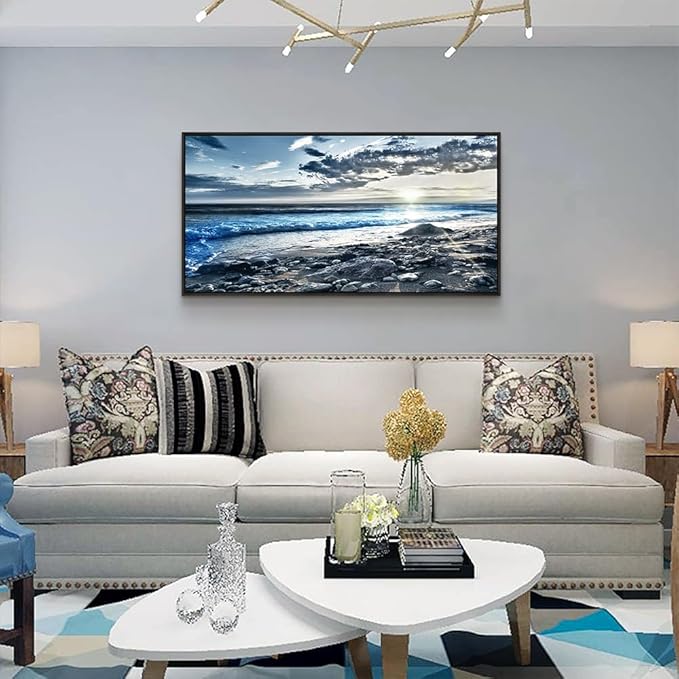 Black Framed Wall Art For Living Room Large Size Wall Decor For Bedroom Modern Office Decor Blue Beach Sun Ocean Landscape Wall Painting Prints Artwork Seascape Framed Hang Pictures Home Decoration