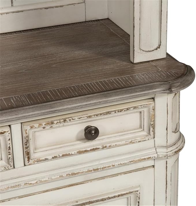 Liberty Furniture Magnolia Manor 3 Piece Desk, Credenza & Hutch Set for Home Office - Antique White & Weathered Bark