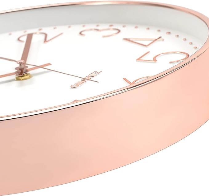 Foxtop Modern Wall Clock 12 Inch Non-Ticking Silent Battery Operated Round Quartz Rose Gold Wall Clock for Office Bedroom Living Room Kitchen Home School Decor