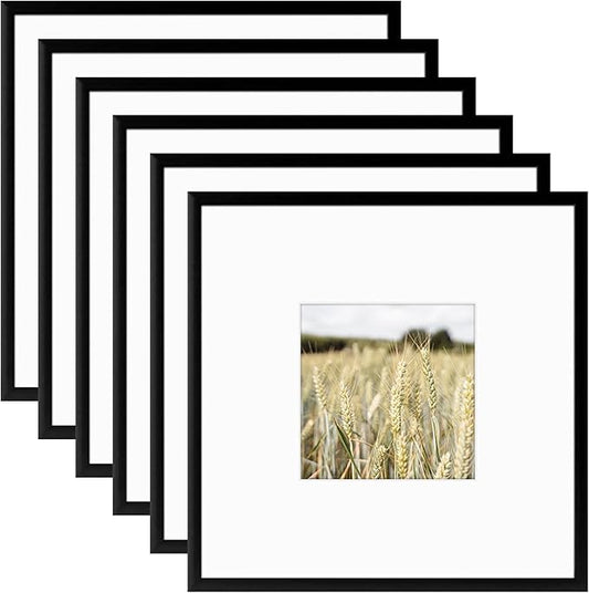 Golden State Art, Gallery Wall Frame Set of 6 - Black 8x8 Aluminum Photo Frames with Mat for 4x4 Pictures - 8 x 8 inch Metal Frame with Real Glass Cover - Elegant Home or Office Decor