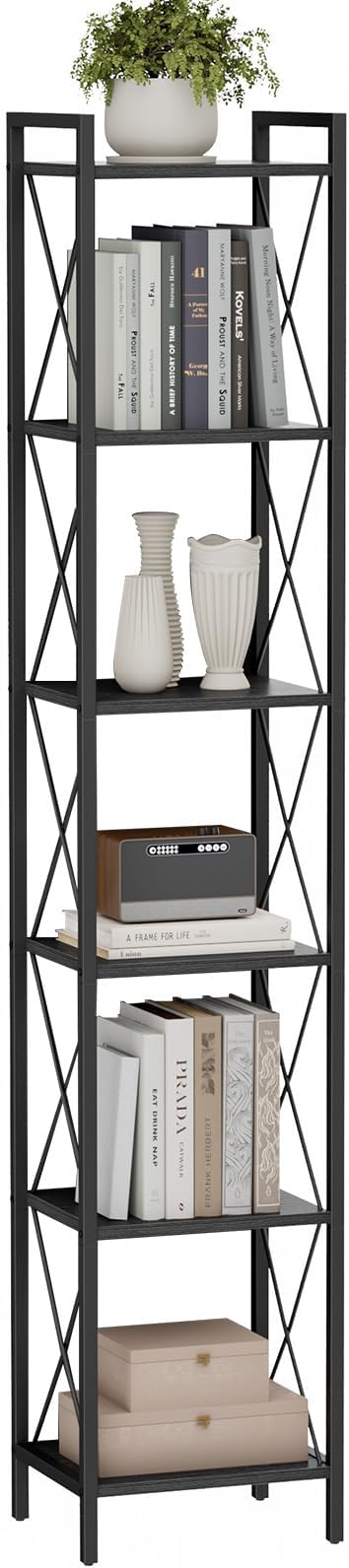 Homhedy 6 Tier Bookshelf, Tall Narrow Bookcase for Small Space, Metal Storage Book Shelf, for Home Office, Living Room, Kitchen, Bedroom, Industrial Style, 10.4" D x 13" W x 67.4" H, Black