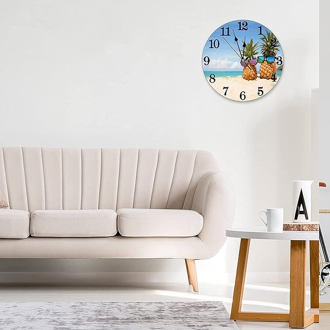 Funny Pineapples on sea Beach Wall Clock Battery Operated Silent Round Clock Wall Decor for Home Office School, 12 Inch