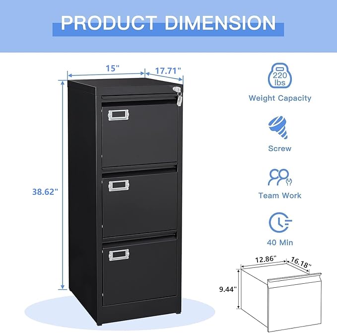 Yizosh 3 Drawer Black File Cabinet with Lock, Filing Cabinets for Home Office, Metal Locking Office File Storage Cabinets with Drawers, Vertical Small Filing Cabinet Organizer for Legal/A4