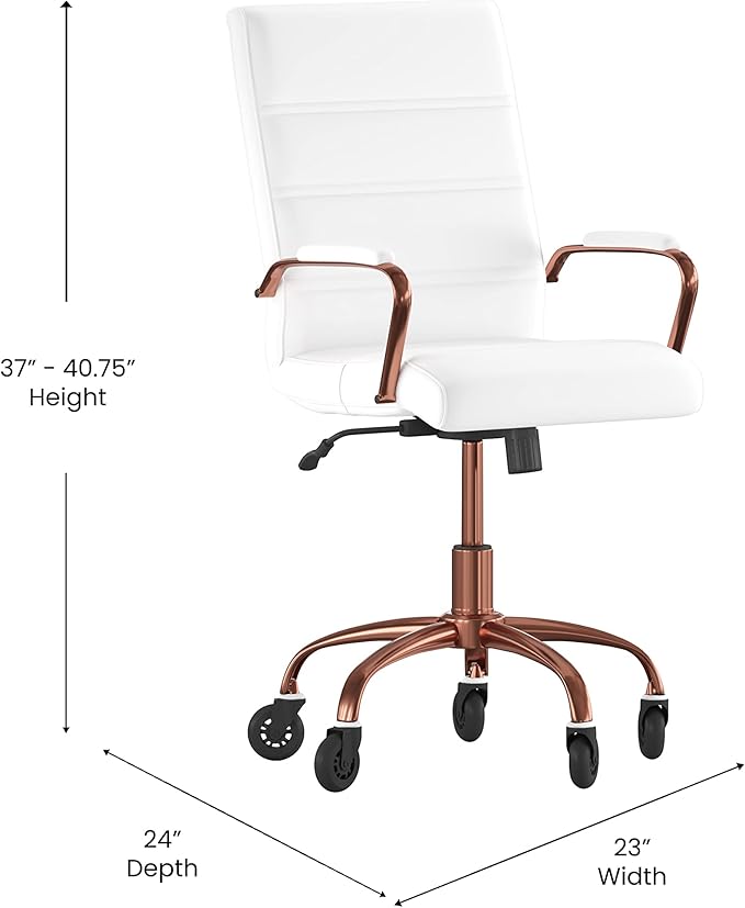 Flash Furniture Camilia Mid-Back White LeatherSoft Executive Swivel Office Chair with Rose Gold Frame, Arms, and Transparent Roller Wheels