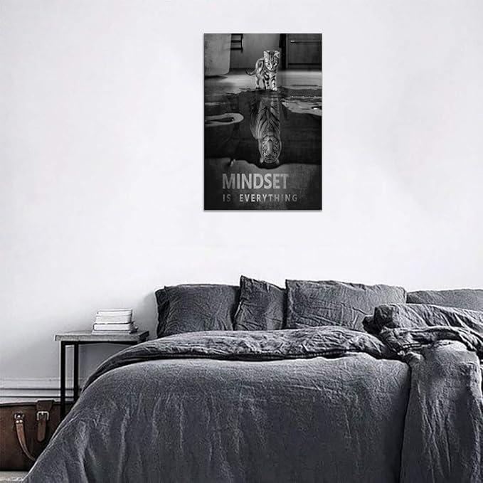 Inspirational Wall Art Posters Mindset is Everything Canvas Painting Small Cat Big Tiger Pictures Print Poster Artwork Wooden Home Decor for Living Room Bedroom Office Framed Ready to Hang - 24x36 in