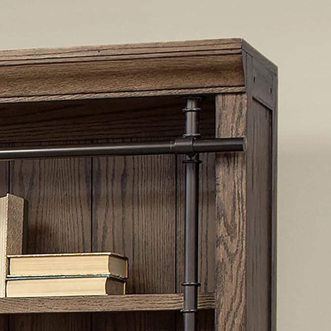 Martin Furniture Avondale 120" W Contemporary Wood Bookcase Wall with Ladder Storage Organizer Display, 5 Adjustable Shelves, Ringed Steel Frame, Fully Assembled, in Brown Finish