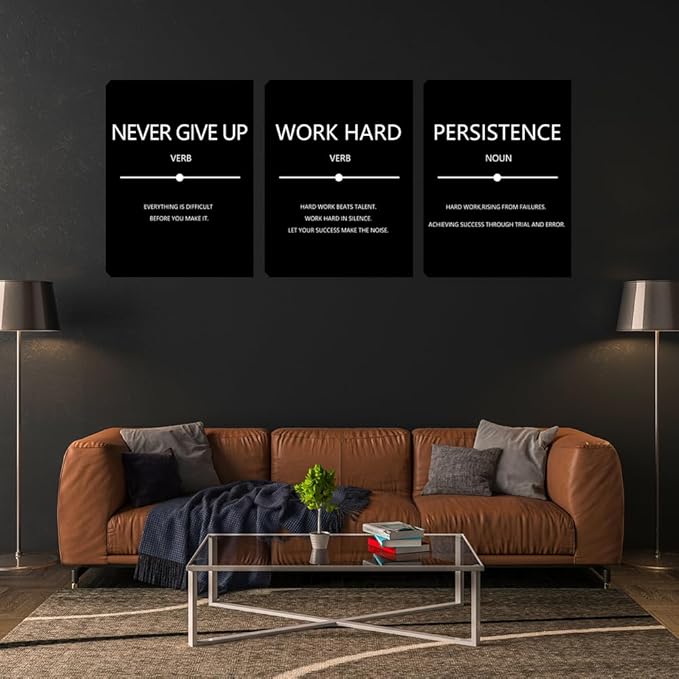Large Black Office Wall Decor Art 3 Pieces Quotes Canvas Poster Prints Motivational Inspirational Picture Painting Bedroom Hallway Decorations Framed Artwork Easy to Hang 24"x36"x3