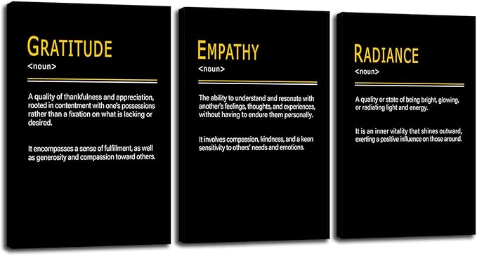 WYJDFART GRATITUDE EMPATHY RADIANCE Inspirational Quotes Posers A Positive Emotional Chain Printed Artwork Motivational Wall Art for Office Home Bedroom Workplace Framed Ready to Hang [72''Wx 36''H]