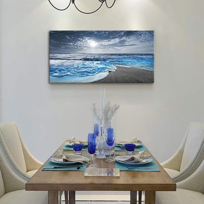 Bamdeya Canvas Wall Art for Bedroom Beach pictures for Living Room Wall Decor Blue Poster Ocean Decor Large Size Seascape Paintings Prints Office Artwork Framed Kitchen Decorations 24x48