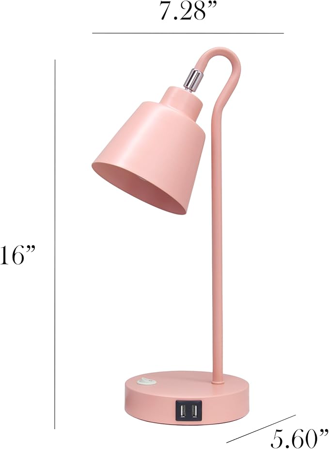 Simple Designs LD1073-BPK 16" Sleek Essentials Metal Looped Desk Task Lamp with Adjustable Shade and Dual USB Ports, for Office, Desk, Nightstand, Blush Pink
