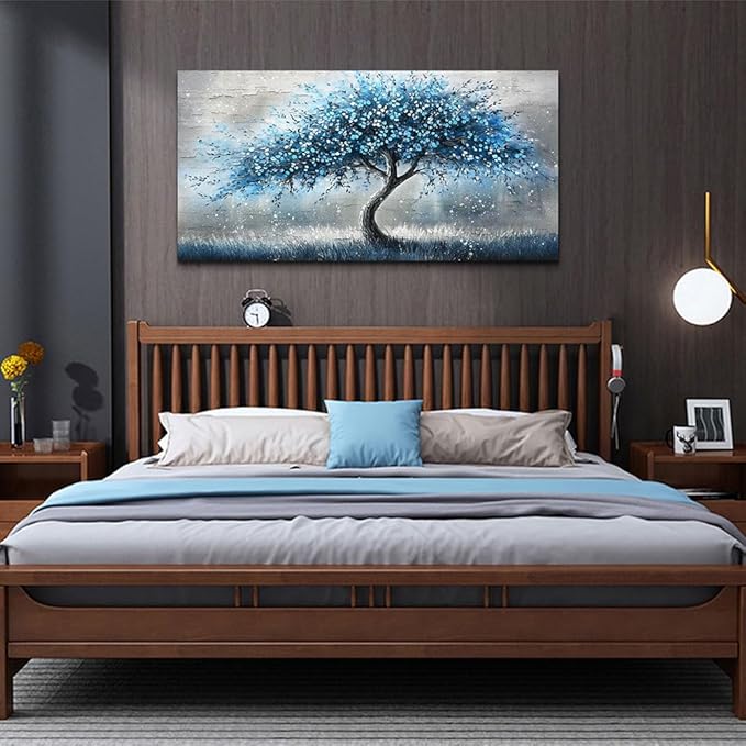 hyidecorart Large Panoramic Abstract Canvas Wall Art - Blue Tree of Life Pictures Painting, Modern Posters Artwork Ready to Hang, Wall Decor for Living Room Bedroom Office Home Decorations