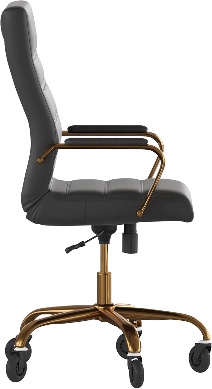 Flash Furniture Whitney High Back Black LeatherSoft Executive Swivel Office Chair with Gold Frame, Arms, and Transparent Roller Wheels