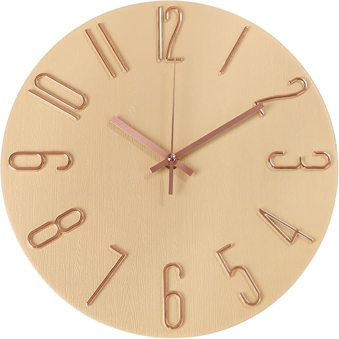 Wall Clock 12 Inch Silent Non-Ticking Imitation Wood Indoor Clock Round Beige Decor Clock Modern 3D Figures Quartz Wall Clocks for Home, Hotel, Office, School