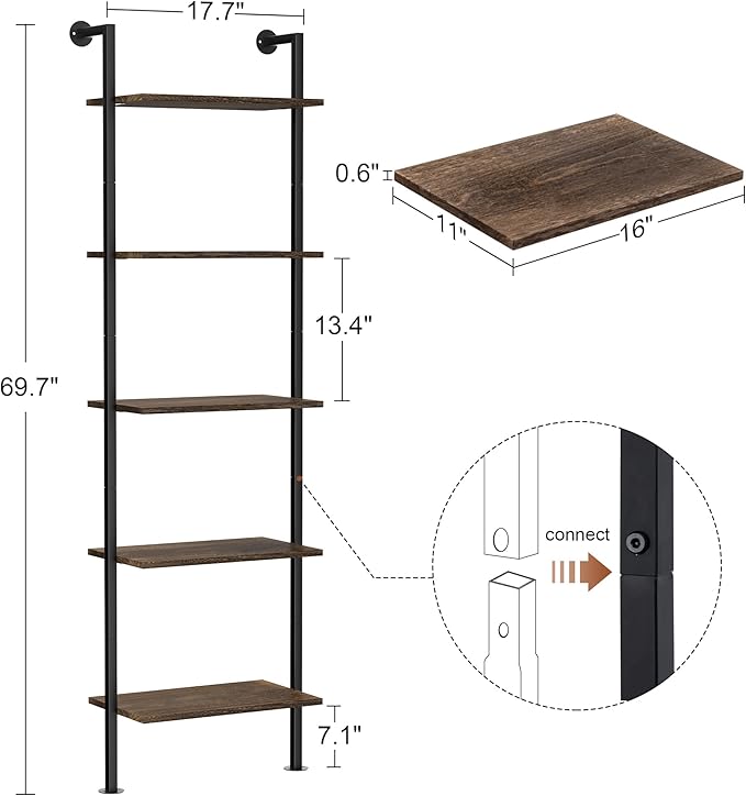 5-Tier Bookshelf Solid Wood Ladder Shelf, Narrow Book Shelf Display Shelf, Wooden Bookcase, Wall Mount Ladder Shelf, Storage Rack for Living Room, Bedroom, Industrial Style, Dark Brown