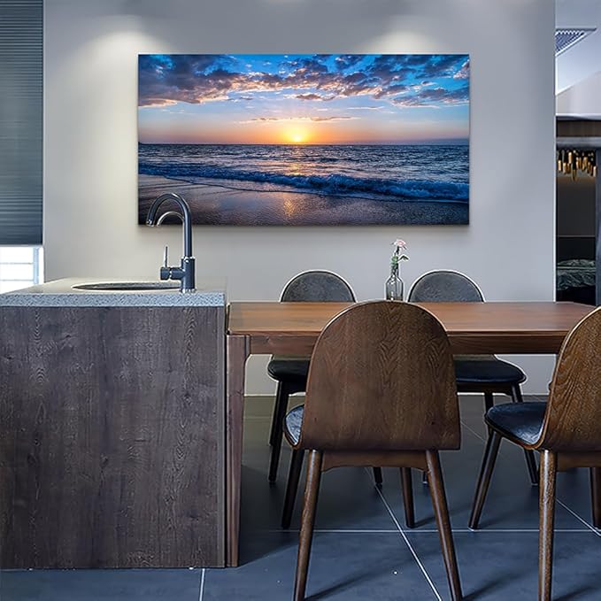 Wapluam Beach Wall Art Blue Sea Coastal Sunset Natural Scenery Picture Print On Canvas Ocean Seascape Canvas Print Artwork for Living Room Bedroom Kitchen Bathroom Home and Office Wall Decor 20" x 40"