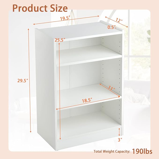 Tangkula 3 Tier Bookcase, Floor Standing Open Bookshelf with 18-Position Adjustable Shelves, Anti-toppling Device, Modern Multipurpose Display Storage Organizer for Living Room Study (1, White)