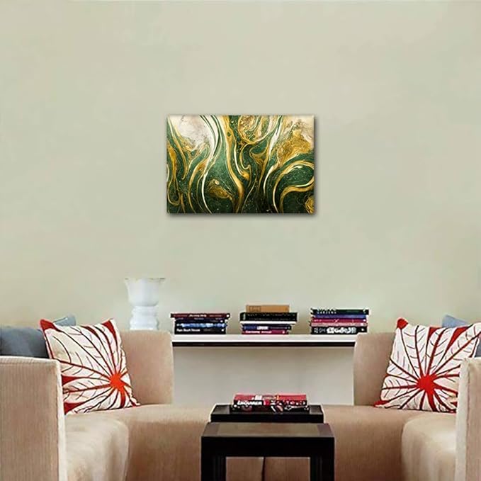Abstract Canvas Art Decor 1 Panel Modern Marble Art Poster Gold and Blue Green Abstract Illustration Picture Printing for Men Living Room Bedroom Office Wall Decor Stretched Ready to Hang 18x12 in