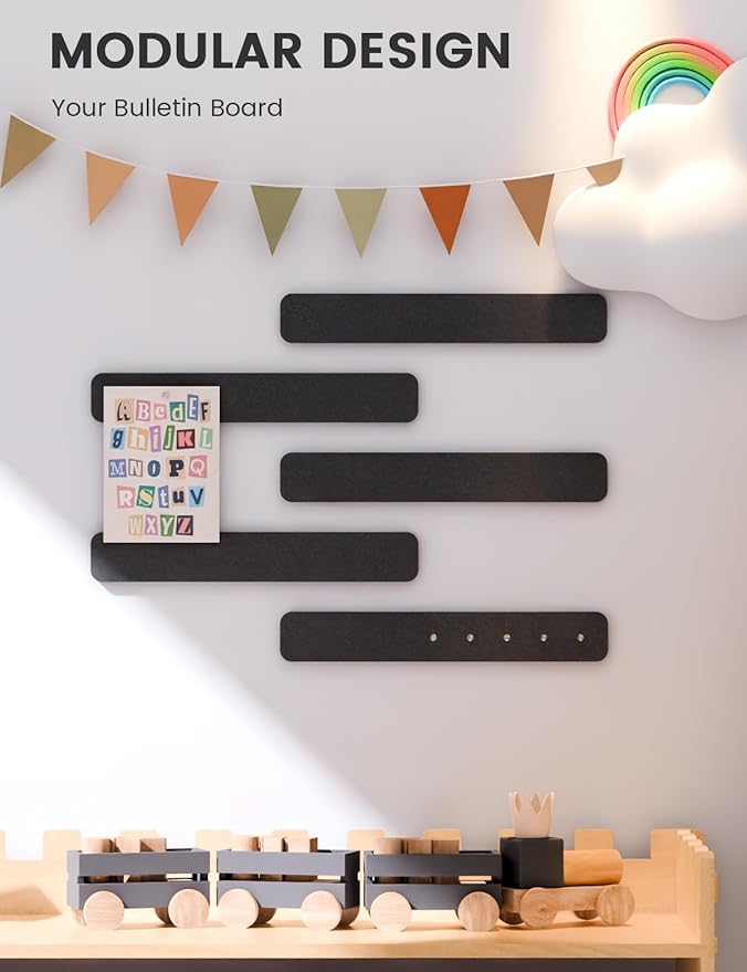 Fluxynara Cork Board Alternative Felt Strip Board 5-Pack 13"x2", Office Pin Board with 35 Push Pins, Adhesive Install for Bedroom Door & Home Office(Black)