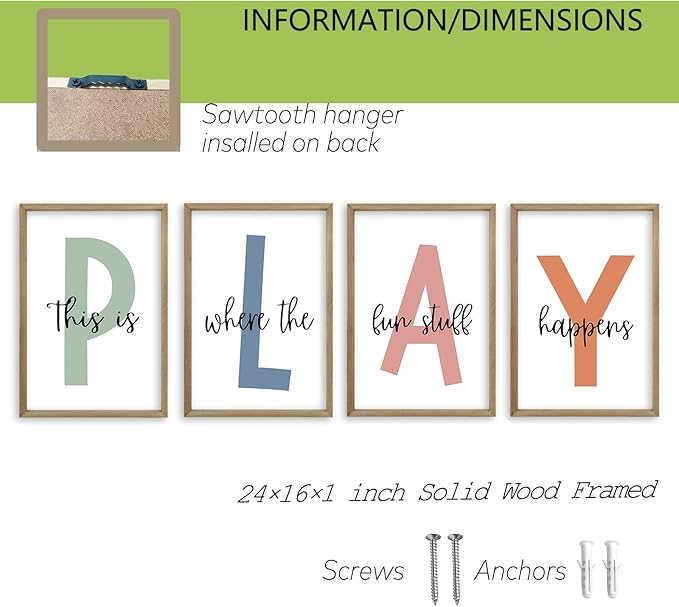 This Is Where The Fun Stuff Happens Kids Playroom Wall Art 24x16 Inch Set Of 4 Rustic Kids Wood Framed Boy Sign Toddler Modren Nursery Interesting Let's Play Prints Wall Hang Decor (Wood)