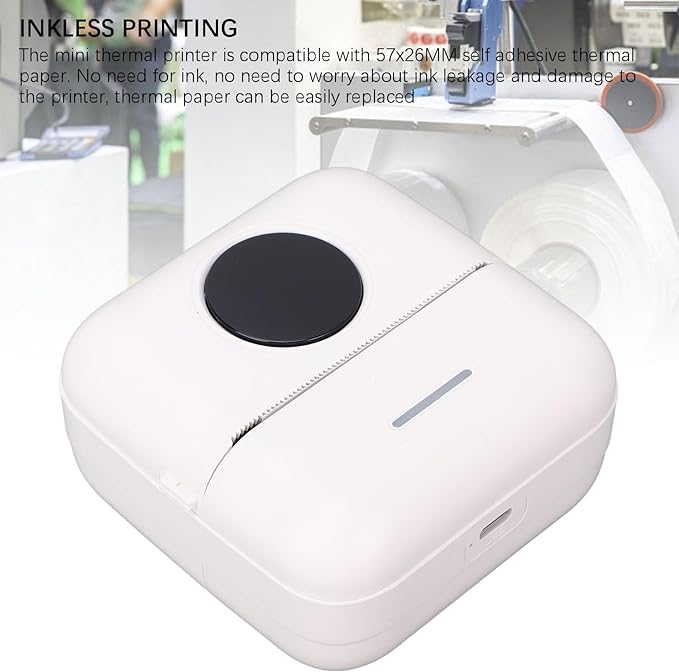 Portable Thermal Sticker Printer with Bluetooth Connectivity for Mobile Devices - Includes 10 Rolls of 57 x 26 mm Self Adhesive Paper - Inkless Printing for Office and Personal Use