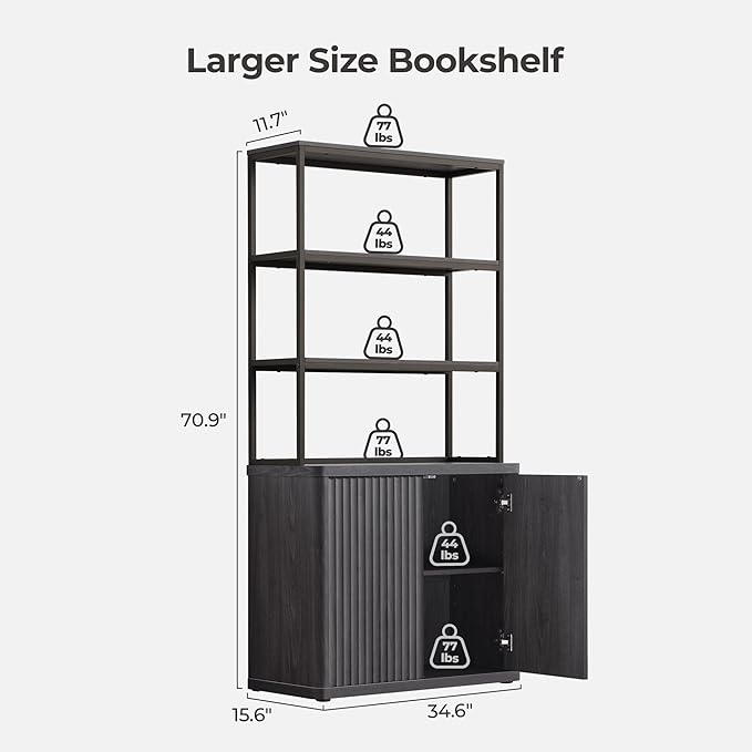 SICOTAS Book Shelf Fluted Bookshelf 71" Tall Bookcase with Doors Storage 5 Tier Mid Century Modern Bookshelves Large Shelves Metal Book Cases for Living Room Office Bedroom Kitchen Library