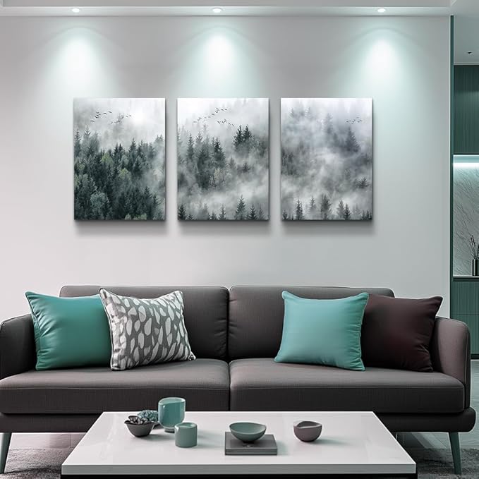 Canvas Wall Art For Living Room Modern Wall Decorations For Bedroom Foggy Forest Trees Landscape Wall Painting Office Wall Decor Canvas Prints Home Decor Ready To Hang Wall Pictures 16"X24"X3 Panels