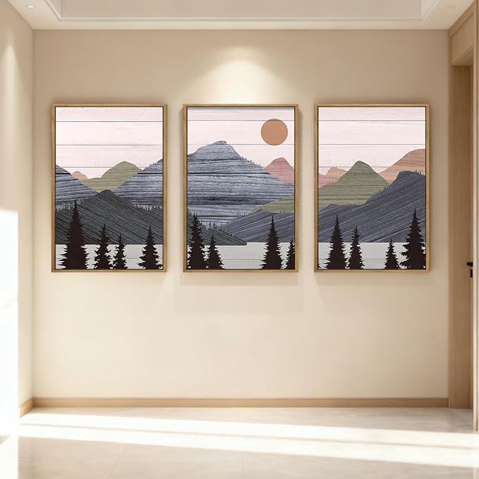 ANHUIB Mountain Framed Wall Art 16x24 Inch Large Nature Wilderness Art Print Abstract Landscape Painting Set of 3 for Living Room Bedroom Office