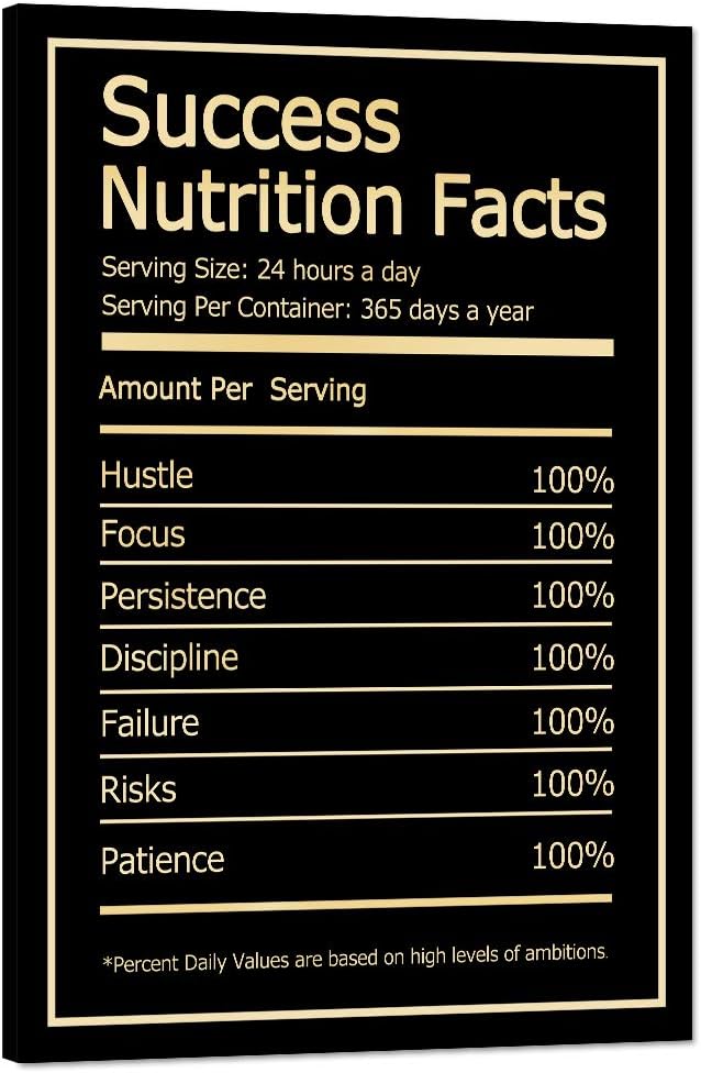 Modern Inspirational Picture Wall Art Black Success Nutrition Facts Motivational Quote Painting Prints on Canvas Artwork Stretched by Wooden Frame Easy to Hang for Home Office Decor - 12''W x 16''H