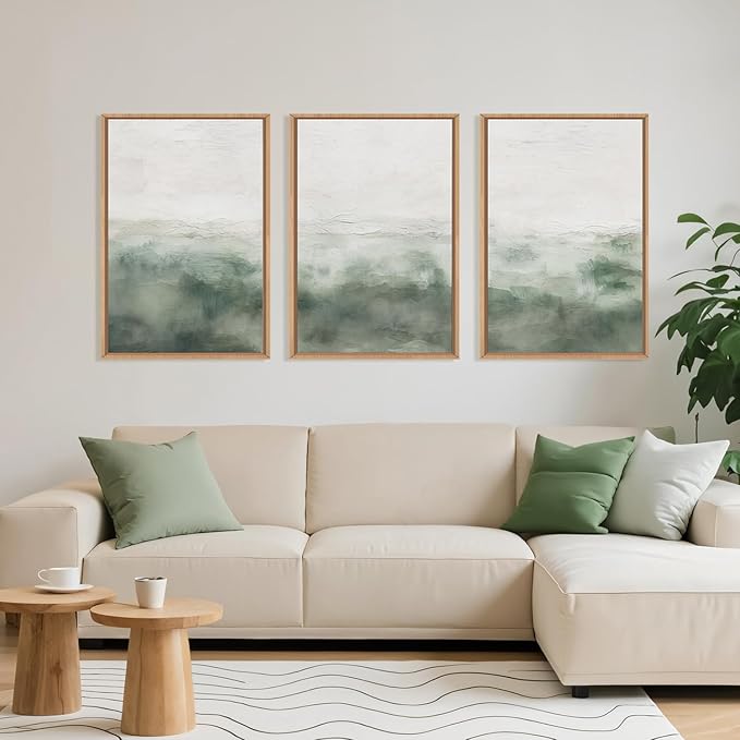 Large Abstract Sage Green Framed Canvas Wall Art,Neutral White and Grey Wall Decor,Modern Pastel Wall Painting,Illustrations Artwork for Living Room,Bedroom,Dining Room,Office -16"x24"x3