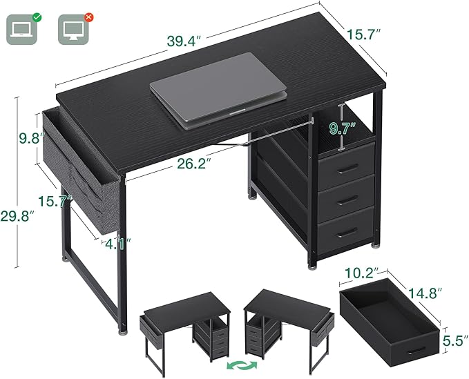 AODK 40-Inch Small Computer Desk with Fabric Drawers, Kids Girls Teen Study Writing Desk for Bedroom, Home Office Desk with Storage Shelf & Bag for Small Space, Black