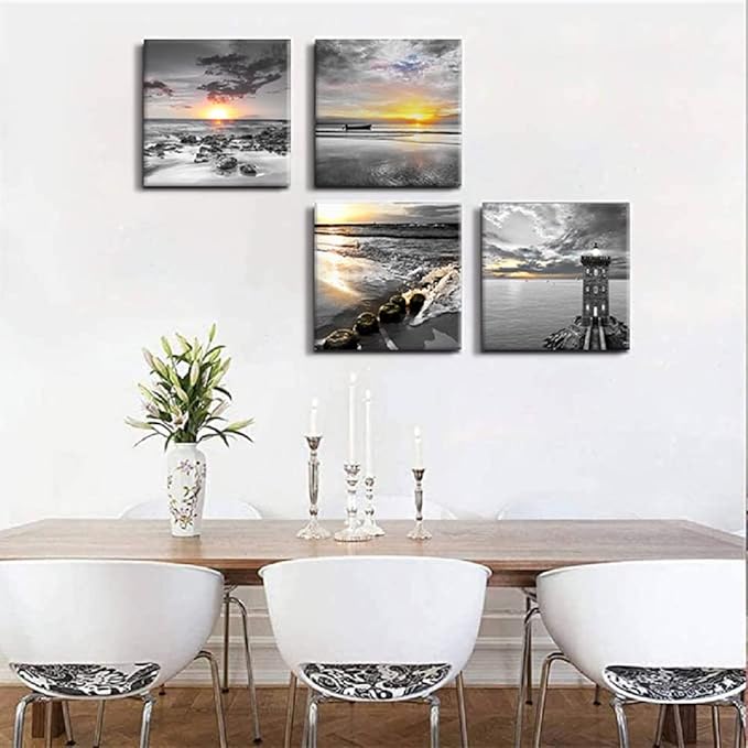Bamdeya Black and White Gold Beach Wall Art Sea Sunrise Scenery Picture Canvas Print Framed Seascape Painting for Living Room Bathroom Wall Decor Home Decoration