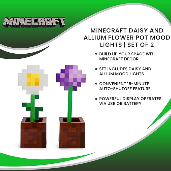 Minecraft Daisy and Allium Flower Pot Mood Lights, Set of 2 | Nightstand Table Lamp with LED Light for Bedroom, Desk, Living Room | Home Decor Room Essentials | Video Game Gifts and Collectibles