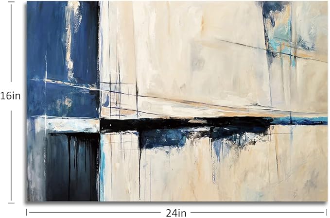 Large Abstract Canvas Wall Art Modern Geometric Art Paintings Blue Blocks and Lines Painted on Cream Background Elegantly Framed Artwork Pictures for Living Room Bedroom Wall Decor 24x16in