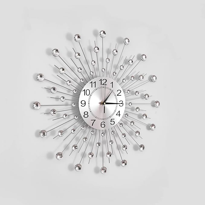 28 Inch Silver Crystal Large Modern Metal Starburst Decor, Bling Crystal Wall Clock for Kitchen Office Bedroom Living Room Decorative